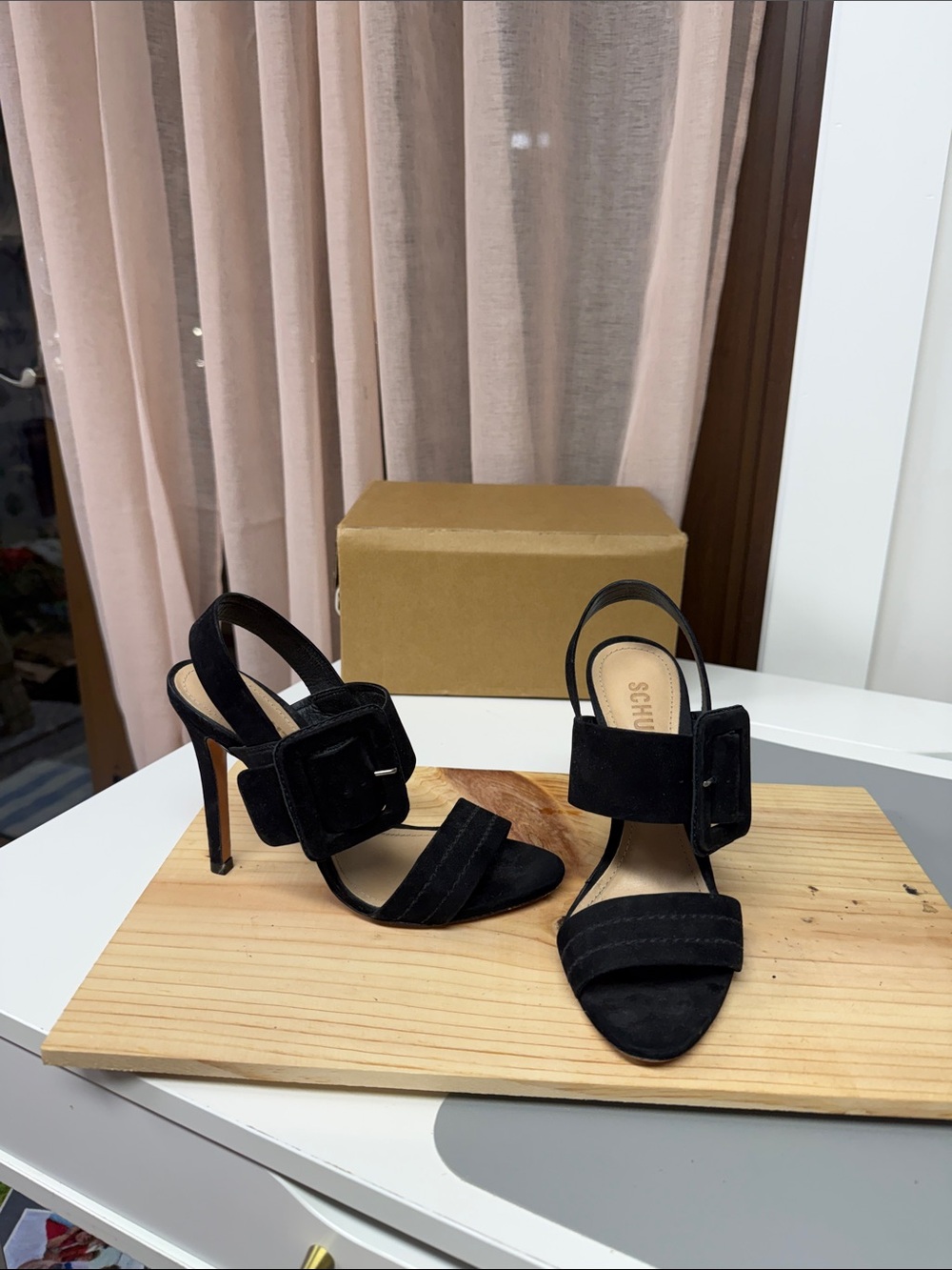SCHUTZ Black Suede Buckle Slingback High Heels